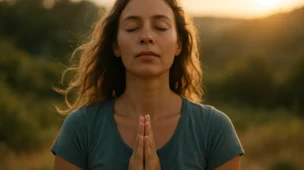 A peaceful woman practicing conscious breathing at sunset in nature