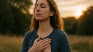 Woman breathing calmly at sunset to connect breath and present moment