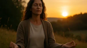 woman practicing breathing techniques in nature during sunset