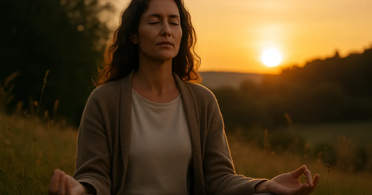 woman practicing breathing techniques in nature during sunset